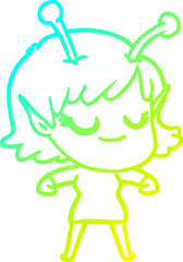 cold gradient line drawing smiling alien girl cartoon