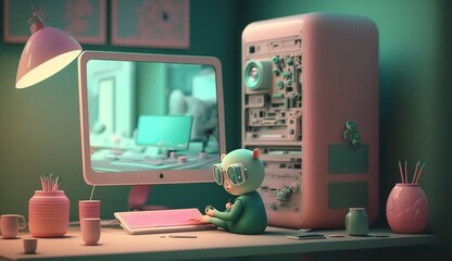  Illustration of character working from home- AI generative