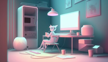  Illustration of character working from home- AI generative