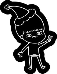 annoyed cartoon icon of a boy wearing santa hat