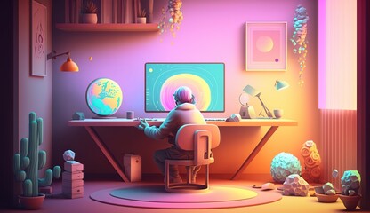  Illustration of character working from home- AI generative