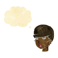 cartoon pretty female face with thought bubble