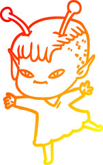 warm gradient line drawing cute cartoon alien girl