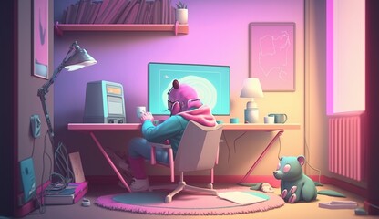  Illustration of character working from home- AI generative