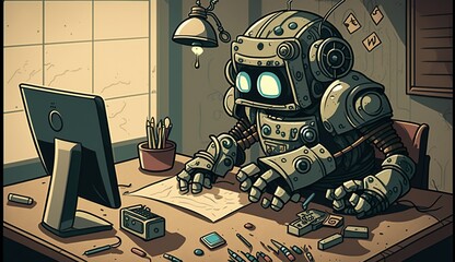 Illustration of robot working on the computer - AI generative