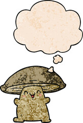 cartoon mushroom character and thought bubble in grunge texture pattern style