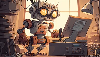 Illustration of robot working on the computer - AI generative