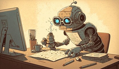 Illustration of robot working on the computer - AI generative