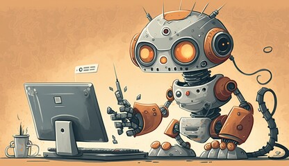 Illustration of robot working on the computer - AI generative