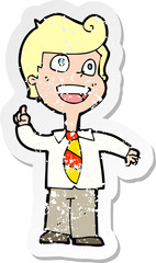 retro distressed sticker of a cartoon school boy raising hand