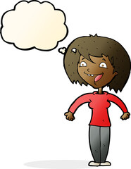 cartoon excited woman with thought bubble