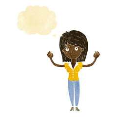 cartoon woman holding up hands with thought bubble