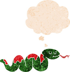 cartoon snake and thought bubble in retro textured style