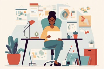 vector image of a woman working as a social media manager, vector, flat design style, character, cartoon, office worker, employee, cute concept vector illustration in flat style. generative ai