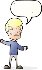 cartoon grinning man with speech bubble