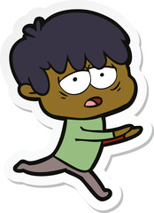 sticker of a cartoon exhausted boy