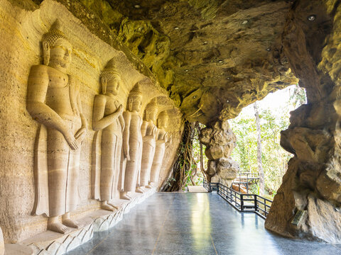 Kalasin, Thailand, February 1, 2023. Buddha images at Wat Phu Dan Hai. Kuchinarai District, Kalasin Province, Thailand.