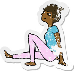 retro distressed sticker of a cartoon woman sitting