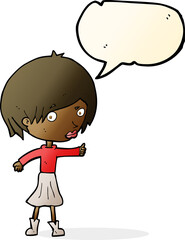 cartoon woman raising eyebrow with speech bubble