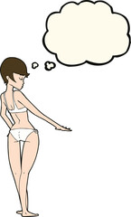 cartoon woman in bikini with thought bubble