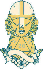 half orc fighter character with natural 20 dice roll illustration