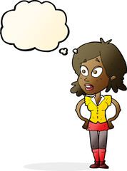 cartoon woman with hands on hips with thought bubble