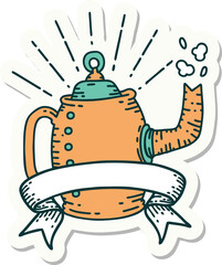 sticker of tattoo style old coffee pot steaming