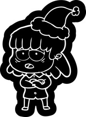 cartoon icon of a tired woman wearing santa hat
