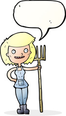 cartoon happy farmer girl with speech bubble
