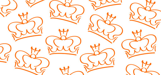 Cartoon sketch crown. Graffiti crown icon, Queen or king crowns. Orange background. Traditional festival on april. Holland, King's Day or Queen's Day. Dutch party sign. brush line. Orange the world. © MarkRademaker