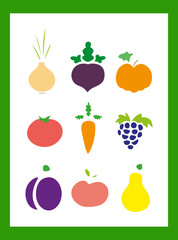 Set of flat fruits and vegetables icons drawing with black lines on white background