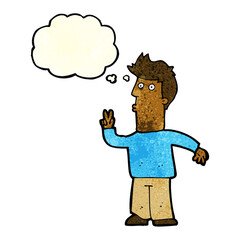 cartoon man signalling with hand with thought bubble