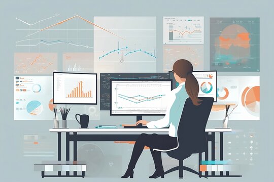 vector image of a woman working as a financial analyst, vector, flat design style, character, cartoon, office worker, employee, cute concept vector illustration in flat style. generative ai