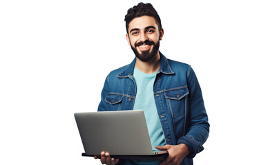 AI generated young happy arabic man using laptop device , isolated on a blue background - obrazy, fototapety, plakaty