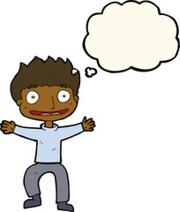 cartoon grinning boy with thought bubble