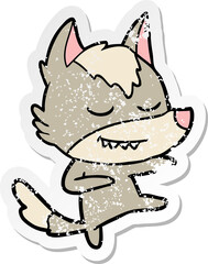 distressed sticker of a friendly cartoon wolf dancer