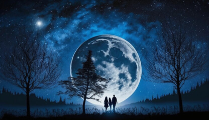 Romantic Night Sky with Full Moon and Shooting Star
