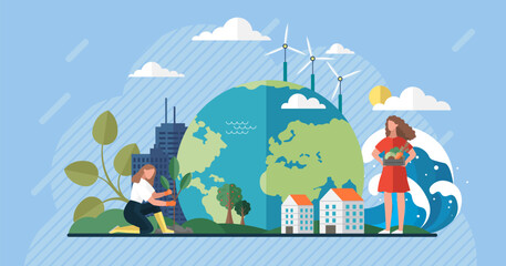 Tsunami with big waves over planet. Rising water levels on Earth lead to tsunami. Huge wave heading towards globe. Catastrophe, cataclysm. Flood, avalanche, hurricane. Climate change. Global warming