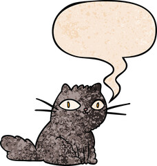 cartoon cat looking right at you and speech bubble in retro texture style