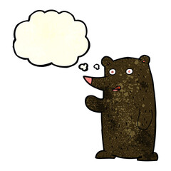 cartoon waving black bear with thought bubble