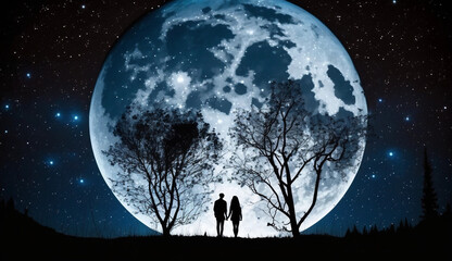 Obraz na płótnie Canvas Romantic Night Sky with Full Moon and Shooting Star