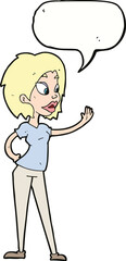 cartoon woman waving with speech bubble