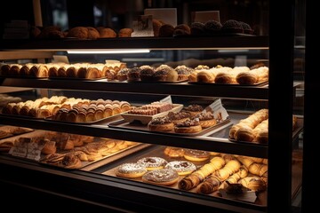 bakery interior with display counters full of scrumptious bread and pastries. Shop a patisserie or bakery with croissants, apple pies, waffles, and churros. Freshly baked pastries. Generative Ai	
