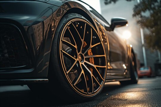 sports car wheels, low profile tires on aluminum rims, closeup. Generative AI