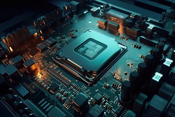 A Peek Inside the Advanced Technology of the Future: Macro Shot of a Computer Board with Chips, Electronic Processor and Digital Hardware Engineering. Generative AI