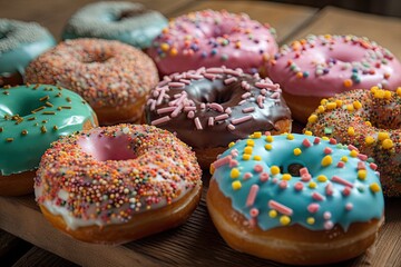Assorted Donuts of Sweetness: Multicolored Glazed Donuts with Sprinkles, Baked with Chocolate Icing, Generative AI