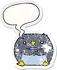 cartoon penguin and speech bubble distressed sticker