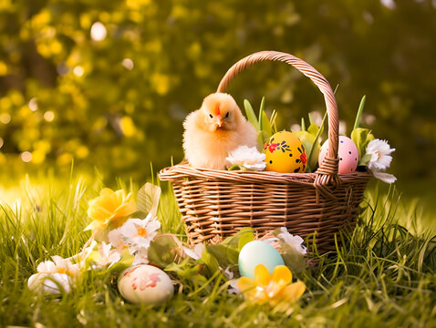 Cute chick, easter eggs and basket in the forest. Concept of happy easter day.