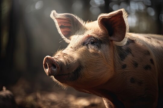 A Brown Wild Pig in Farmland Nature - Young Domestic Pig Portrait in Closeup View, Confidently Looking Away From Bacon and Butchering Toward Its Purposeful Future, Generative AI