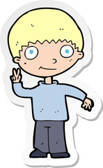 sticker of a cartoon boy giving peace sign